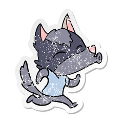 distressed sticker of a howling cartoon wolf wearing clothes