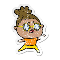 distressed sticker of a cartoon annoyed woman