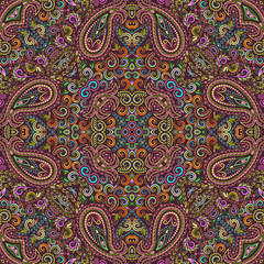 Seamless pattern with geometric elements and paisley. Colorful traditional ornament. Vector print.