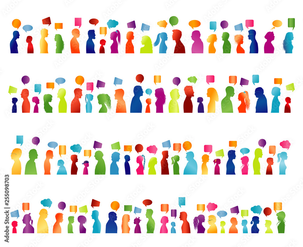 Canvas Prints Isolated large group communication of people talking. Communicate social networking. Colored profile silhouette. Speech bubble. Multiple exposure