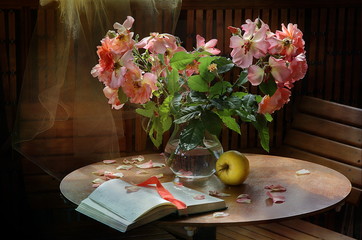 A bouquet of roses on a wooden table