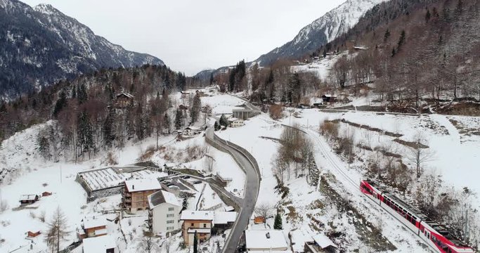 Train TMR between Salvan and Les Mar&eacute;cottes -Snowing Aerial 4K
