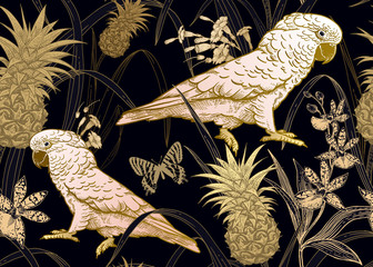 Fototapety  Seamless black background with gold parrot, flowers, butterfly and pineapple.