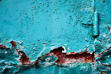 Background metal corrosion inerovnost, erosion, scattering, rust green paint damage closeup.