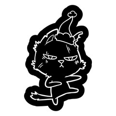 tough cartoon icon of a cat wearing santa hat
