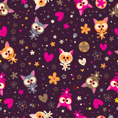 cute kittens and flowers seamless pattern