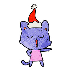 textured cartoon of a cat singing wearing santa hat