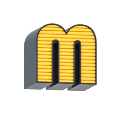 Retro style black and yellow letter alphabet character M font. Front view capital symbol isolated over white background. 3d rendering illustration.