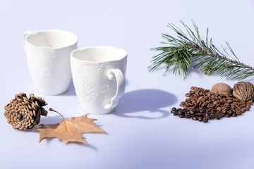 Coffee bean heart, cups and leaf decoration 