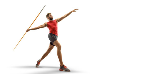Young male javelin thrower throwing a spear on white background. Isolated athlete in sport clothes - obrazy, fototapety, plakaty