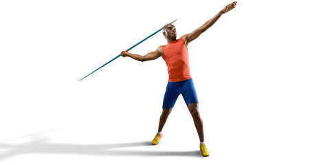 Young black male javelin thrower throwing a spear on white background. Isolated athlete in sport clothes