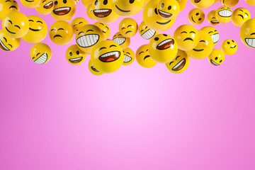 Falling emoji characters on the pink background.