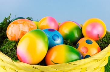 Easter basket with colorful Easter eggs