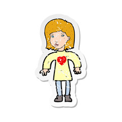 retro distressed sticker of a cartoon woman wearing heart shirt