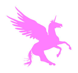 Cute magic pink Unicorn Pegasus vector silhouette isolated on white background. Pegasus silhouette, majestic mythical Greek winged horse.  Mythology flying Horse from dream. Symbol of freedom.