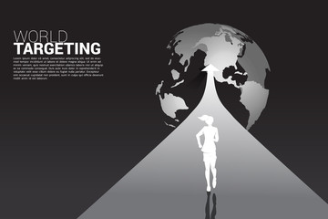 silhouette of businesswoman running on arrow to world globe. Business Concept of world vision mission and international market.