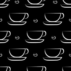 Coffee background. Seamless pattern. Whitte Cups on black background.
