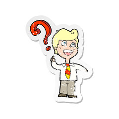 retro distressed sticker of a cartoon school boy asking question