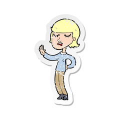 retro distressed sticker of a cartoon woman ignoring