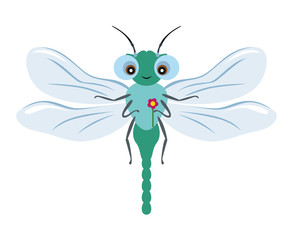 Dragonfly with flower isolated on white background. Vector colorful illustration of cute funny character in simple children's style. Flat icon.