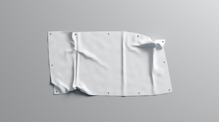 Blank white folded stretch banner mock up, isolated, 3d rendering. Empty promotion poster with eyelets mockup. Clear commercial affiche display with grommets template.
