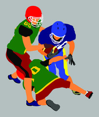 American football players in action, vector isolated on white. Sportsman in full equipment on court. Rugby sportsman, battle for ball. Super ball. popular sport super star. Collage sport. Team work.