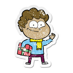 distressed sticker of a cartoon happy man