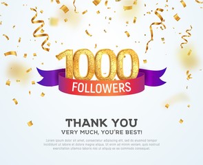 Celebrating 1000 followers with color bright ribbon. Greeting 1000th subscribers vector illustration - obrazy, fototapety, plakaty