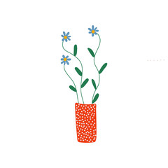 Beautiful Blue Spring or Summer Flowers in Red Vase, Bouquet of Fresh Flowers Vector Illustration
