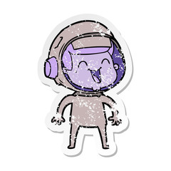 distressed sticker of a happy cartoon astronaut