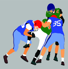 American football players in action, vector isolated on white. Sportsman in full equipment on court. Rugby sportsman, battle for ball. Super ball. popular sport super star. Collage sport. Team work.