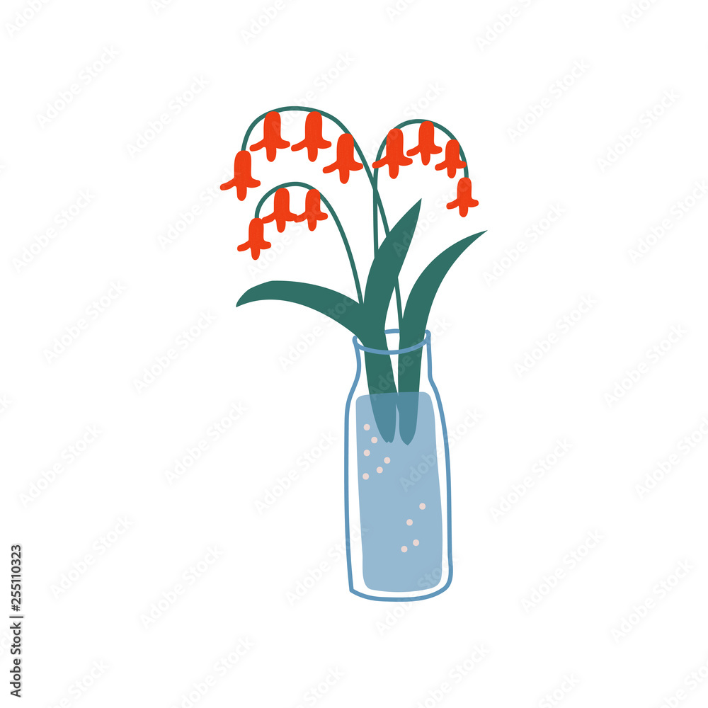 Sticker Red Spring or Summer Colorful Flowers in Glass Bottle, Beautiful Bouquet of Fresh Flowers Vector Illustration