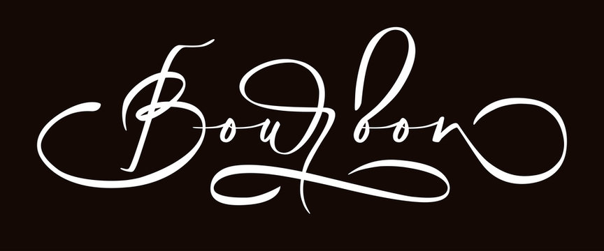 Bourbon - hand lettering flourish inscription. Black background. Vector illustration.