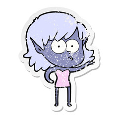 distressed sticker of a cartoon shocked elf girl