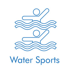 Logotipo abstracto con texto Water Sports con icono lineal natación sincronizada en color azul