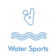Logotipo abstracto con texto Water Sports con icono lineal salto de trampolín en color azul