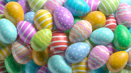 Blank painted easter egg stack mock up, depth of field, 3d rendering. Empty colorful eggshell pile...