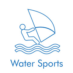Logotipo abstracto con texto Water Sports con icono lineal windsurf en color azul