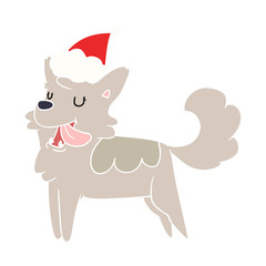 flat color illustration of a happy dog wearing santa hat