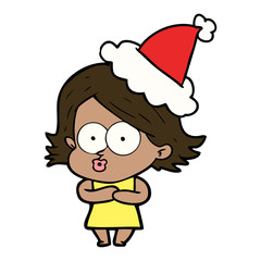 line drawing of a girl pouting wearing santa hat