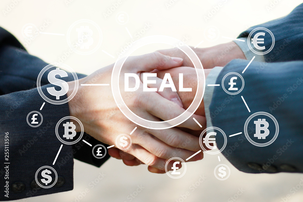 Wall mural business partnership handshake deal concept. two coworkers handshaking process of interaction in off