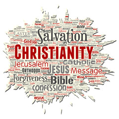 Vector conceptual christianity, jesus, bible, testament old torn paper  word cloud isolated background. Collage of teachings, salvation resurrection, heaven, confession, forgiveness, love concept