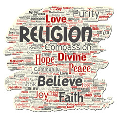 Vector conceptual religion, god, faith, spirituality old torn paper  word cloud isolated background. Collage of worship, love, prayer, belief, gratitude, hope, divine, symbol, spirit, church concept