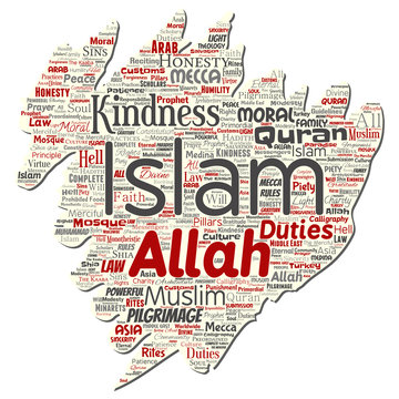 Vector conceptual islam, prophet, mosque old torn paper word cloud isolated background. Collage of muslim, ramadam, quran, pilgrimage, allah, duties, art, calligraphy, oriental, tradition concept