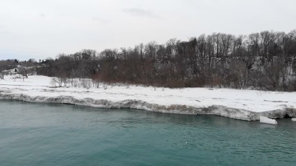 Michigan lake in Winter. Water, cold weather, bird's eye view, drone shots