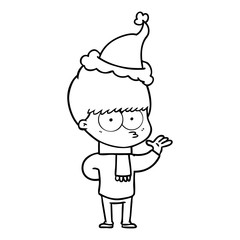 nervous line drawing of a boy wearing santa hat