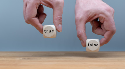 True or False? Two Hands hold two dice with the words 