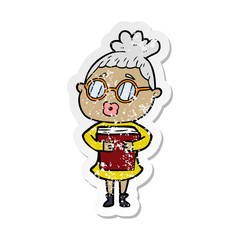 distressed sticker of a cartoon woman with book wearing spectacles