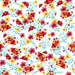 Fototapeta na wymiar Seamless Watercolor pattern with tropical bouquets. Hand drawn illustration.