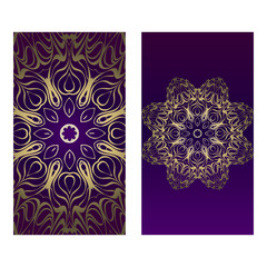 Ethnic Mandala Ornament. Templates With Mandalas. Vector Illustration For Congratulation Or Invitation. The Front And Rear Side. Luxury, purple godl color